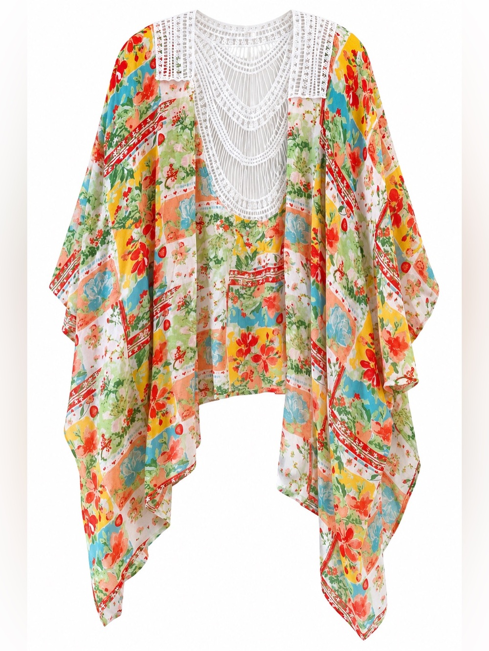 Boho Floral Patchwork Kaftan Poncho Top Colorful Lace Crochet Neckline OS